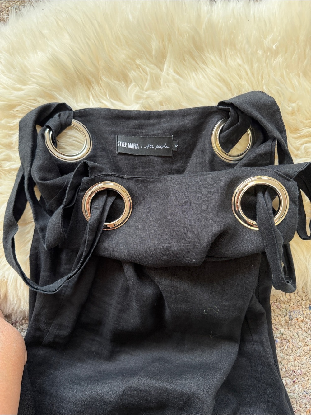 Style Mafia Free People Black Linen Dress with Large Gold Grommets Straps